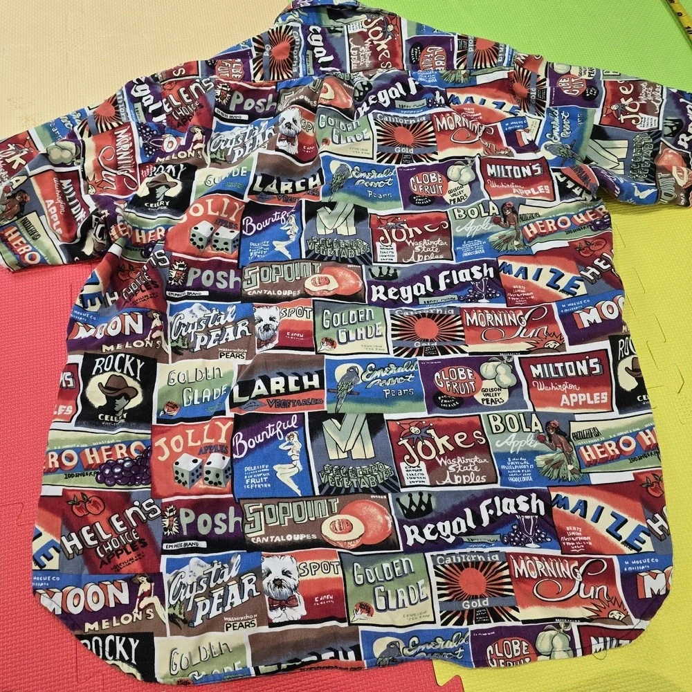 Vintage 90s Spot Sport Shirt Large Fruit Crate Labels Rayon Blend Made in USA 93 - Picture 6 of 7